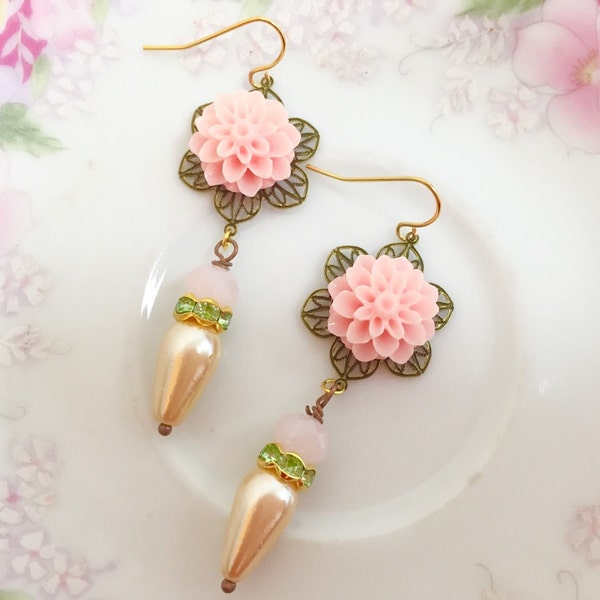 Pink Flower Drop Earrings, Romantic Victorian Earrings, Pink Wedding Jewelry, Mint Green Rhinestones, Vintage Pearl, Handmade KreatedByKelly
