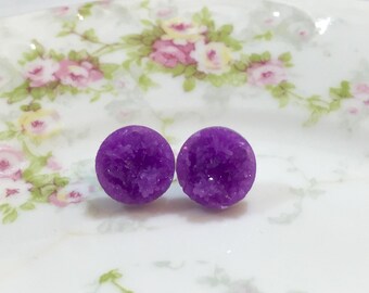 Purple Druzy Studs, Purple Druzy Stud Earrings, Purple Stud Earrings, Purple Drusy Studs, Druzy Jewelry, Surgical Steel Studs (SE5)