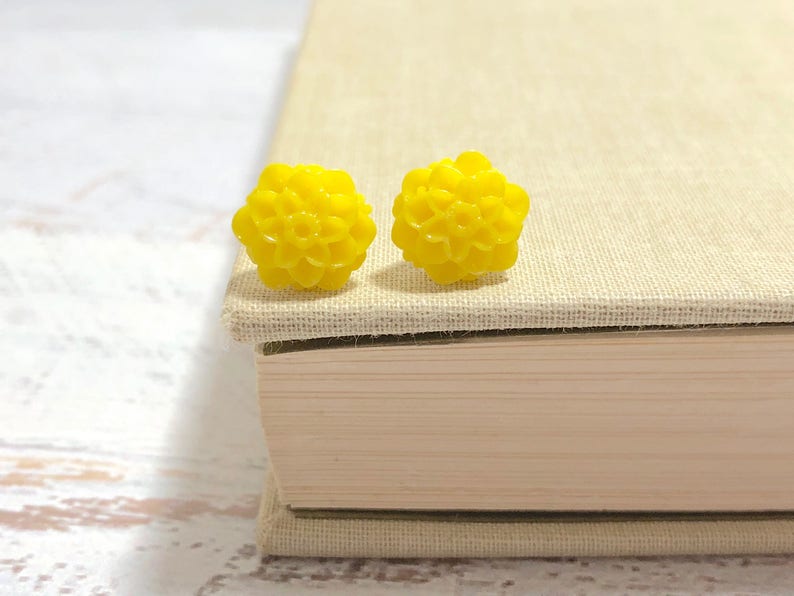 Small Little Bright Yellow Chrystanthemum Mum Flower Stud Earrings with Surgical Steel Posts SE18 image 1