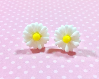 White Flower Earrings, White Daisy Stud Earrings, Flower Stud Earrings, Surgical Steel Posts, Gerbera Daisy Studs, KreatedByKelly