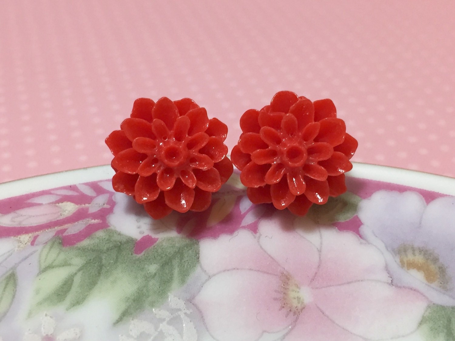 Crimson Red Flower Earrings, Chrysanthemum Flower Studs, Bridesmaid