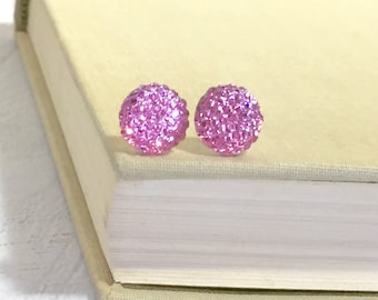 Little Light Pink Sparkling Bumpy Druzy Round Circle Stud Earrings with Surgical Steel Posts (SE13)