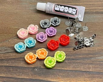 Resin Flower Stud Earring Kit, Includes Colorful Flower Cabochons, Stainless Steel Ear Stud Blanks, Stainless Steel Push Backs and Glue