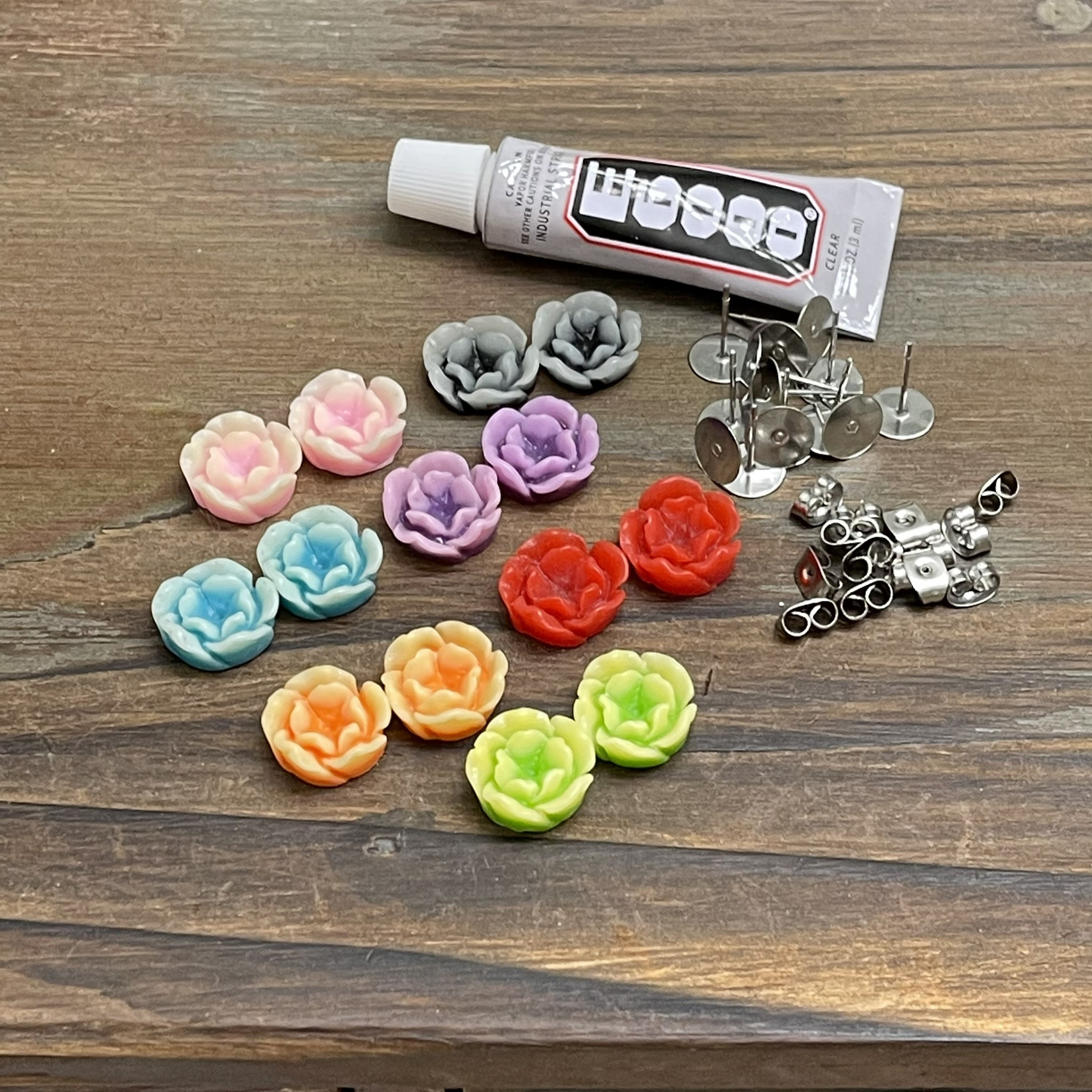 Resin Flower Stud Earring Kit, Includes Colorful Flower Cabochons