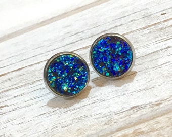 Blue Druzy Studs, Blue Druzy Stud Earrings, Blue Stud Earrings, Bumpy Studs, Glitter Stud Earrings, BlueDruzy in Silver Setting (SE5)