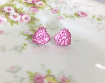 Little Light Pink Sparkling Bumpy Druzy Valentine's Day Heart Stud Earrings with Surgical Steel Posts (SE13)