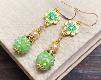 Enameled Lime Green Purple Rhinestone Flower Earrings with Sparkly Ball Bead, Rhinestone, Gold Toned Findings and Pearl Dangle