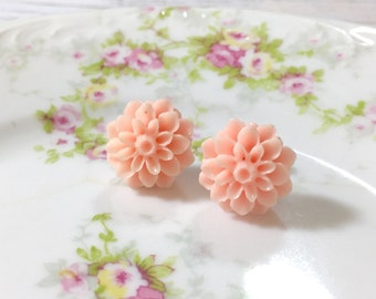 Pink Flower Earrings, Peachy Pink Chrysanthemum Flower Studs, Bridesmaid Gift Earring, Pink Dahlia Stud, Surgical Steel, Pink Mum Stud (SE5)