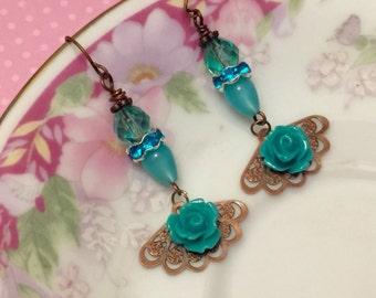 Aqua Flower Assemblage Earrings, Turquoise Rose, Moonglow Rhinestone Beaded Earrings, Fan Dangle Earrings, Handmade By KreatedByKelly