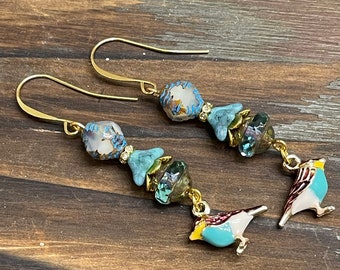 Czech Glass Flower Earrings with 3D Enameled Bird Charm in Aqua, Blues and Gold Tons with Hypoallergenic Ear Wires