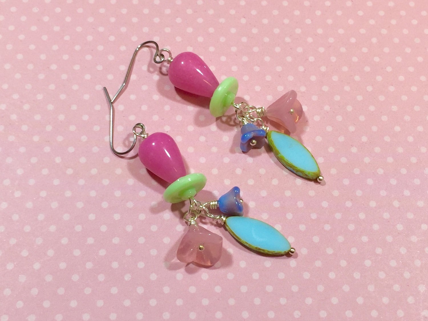 Flower Cluster Earrings, Czech Glass Earrings, Pastel Earrings, Spring