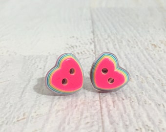 Funky Rainbow Heart Earrings, Pink Heart Studs, Rainbow Studs, Colorful Sweetheart Valentines Stud Earrings, Pink Green Yellow Blue (LB1)