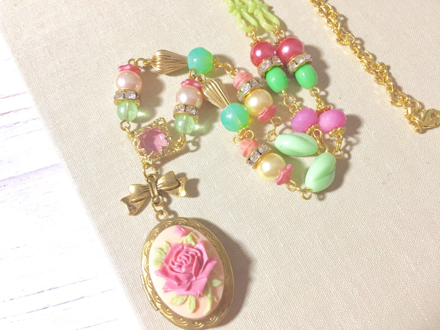 Long Locket Necklace, Long Beaded Necklace, Pink Flower Necklace, Large
