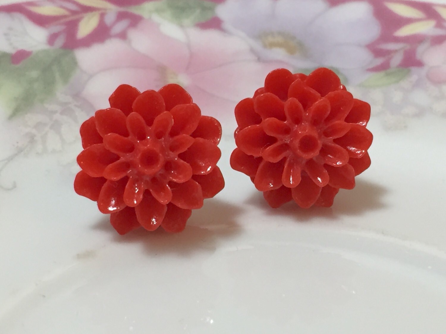 Crimson Red Flower Earrings, Chrysanthemum Flower Studs, Bridesmaid