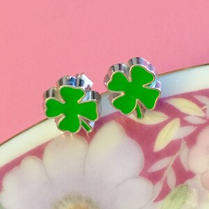 St Patrick's Day Earrings, Green Shamrock Earrings, Green Clover Earrings, Irish Green Leaf Earrings, Enameled Metal Earrings SE17 image 2