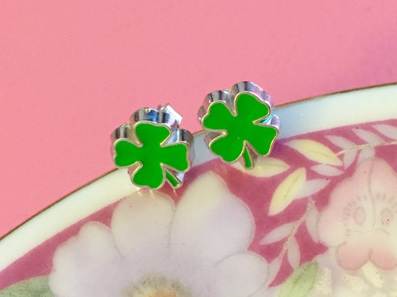 St Patrick's Day Earrings, Green Shamrock Earrings, Green Clover Earrings, Irish Green Leaf Earrings, Enameled Metal Earrings SE17 image 2