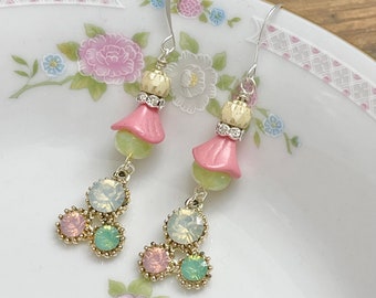 Vintage Inspired Pink Green and White Rhinestone Flower Drop Statement Earrings with Hyopallergenic Ear Wires, KreatedbyKelly