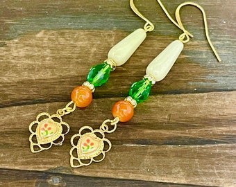 Vintage Floral Heart Dangle Earrings in Off White, Orange, Green and Gold, Hypoallergenic Ear Wires