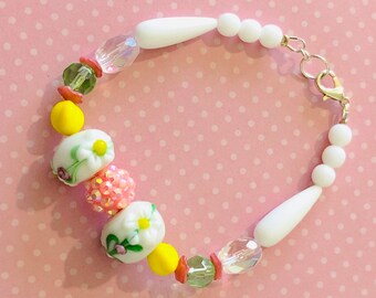 Fanciful Spring Inspired Beaded Bracelet with Floral Lampwork Beads and Vintage Czech Glass Beads in Pink Yellow and White