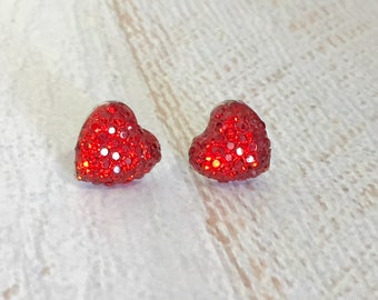 Little Red Sparkling Bumpy Druzy Valentine's Day Heart Stud Earrings with Surgical Steel Posts (SE13)