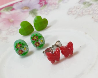 Earring Set, Tiny Red Butterfly Studs, Red Green Floral Cameo Studs, Faceted Green Heart Studs, Stocking Stuffer Idea, Cute Gift Set (ES1)