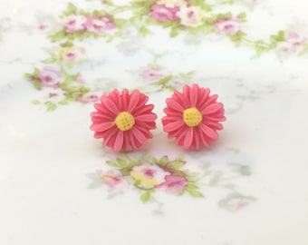 Pink Daisy Studs, Pink Flower Earrings, Pink Daisy Earrings, Pink Flower Studs, Flower Girl Earrings, Bridesmaid Gift Earrings (LB3)