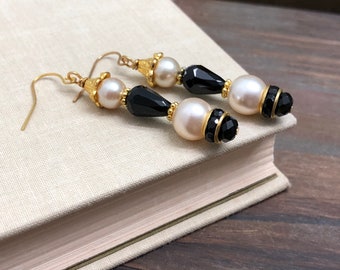 Black and White Earrings, Pearl Wedding Earrings, Black Pearl Earrings, Glass Beads Earrings, Rhinestone Earrings