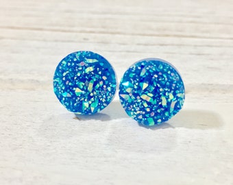 Blue Druzy Studs, Sparkling Blue Studs, Blue Stud Earrings, Blue Drusy Studs, Druzy Jewelry, Surgical Steel Studs, KreatedByKelly (SE9)