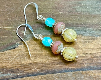 Lovely Petite Czech Glass Earrings in Pink, Aqua and Beige with Silver Accents and Hypoallergenic Ear Wires (DE5)