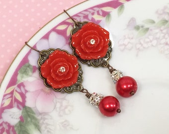 Estate Style Red Rhinestone Flower Drop Statement Earrings with Pearl and Filigree KreatedbyKelly