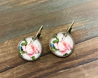 Pretty Pink Flower Earrings Set in Antique Gold Lever Back Ear Wires, Vintage Cottage Chic Style