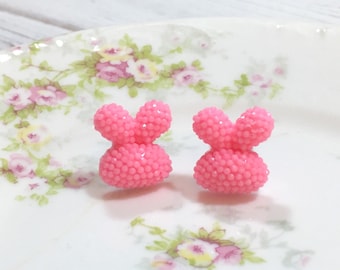 Pink Bunny Stud Earrings, Puffy Rabbit Stud Earrings, Sparkling Bunny Earring, Chubby Bunny Studs, Kawaii Easter Studs (SE1)
