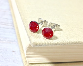 Red Rhinestone Stud Earrings, Small Red Rhinestone Studs, July Birthstone Studs, Red Glass Studs, Red Earrings, Surgical Steel Studs (HJ4)