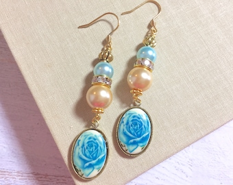 Blue Rose Cameo Earrings, Beaded Pearl and Rhinestone Earrings, Long Dangle Earrings, Vintage Assemblage Earrings