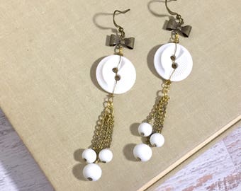 Beaded Tassel Assemblage Long Dangle Earrings with White Vintage Buttons and Bows