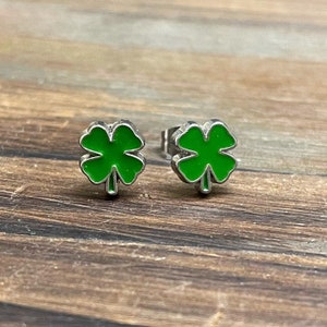 St Patrick's Day Earrings, Green Shamrock Earrings, Green Clover Earrings, Irish Green Leaf Earrings, Enameled Metal Earrings SE17 image 1