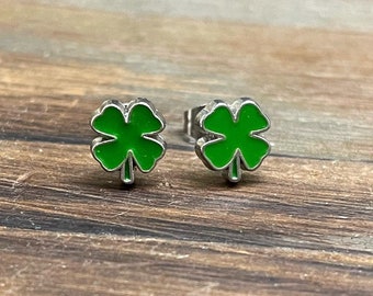 St Patrick's Day Earrings, Green Shamrock Earrings, Green Clover Earrings, Irish Green Leaf Earrings, Enameled Metal Earrings (SE17)