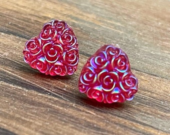 Fuchsia Heart Earrings, Pink Heart Studs, Iridescent Rose Bouquet in Heart Shape, Flower Girl Earrings, Sensitive Ear Studs (SE4)