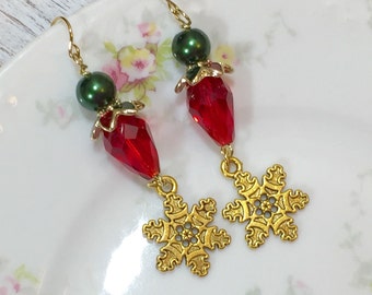 Snowflake Earrings, Christmas Earrings, Holiday Jewelry, Red and Green Earrings, Winter Earrings, Gold Snowflake Earrings, KreatedByKelly