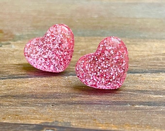 Valentine's Day Puffed Glitter Pink Heart Stud Earrings, Surgical Steel Posts, Sensitive Ears