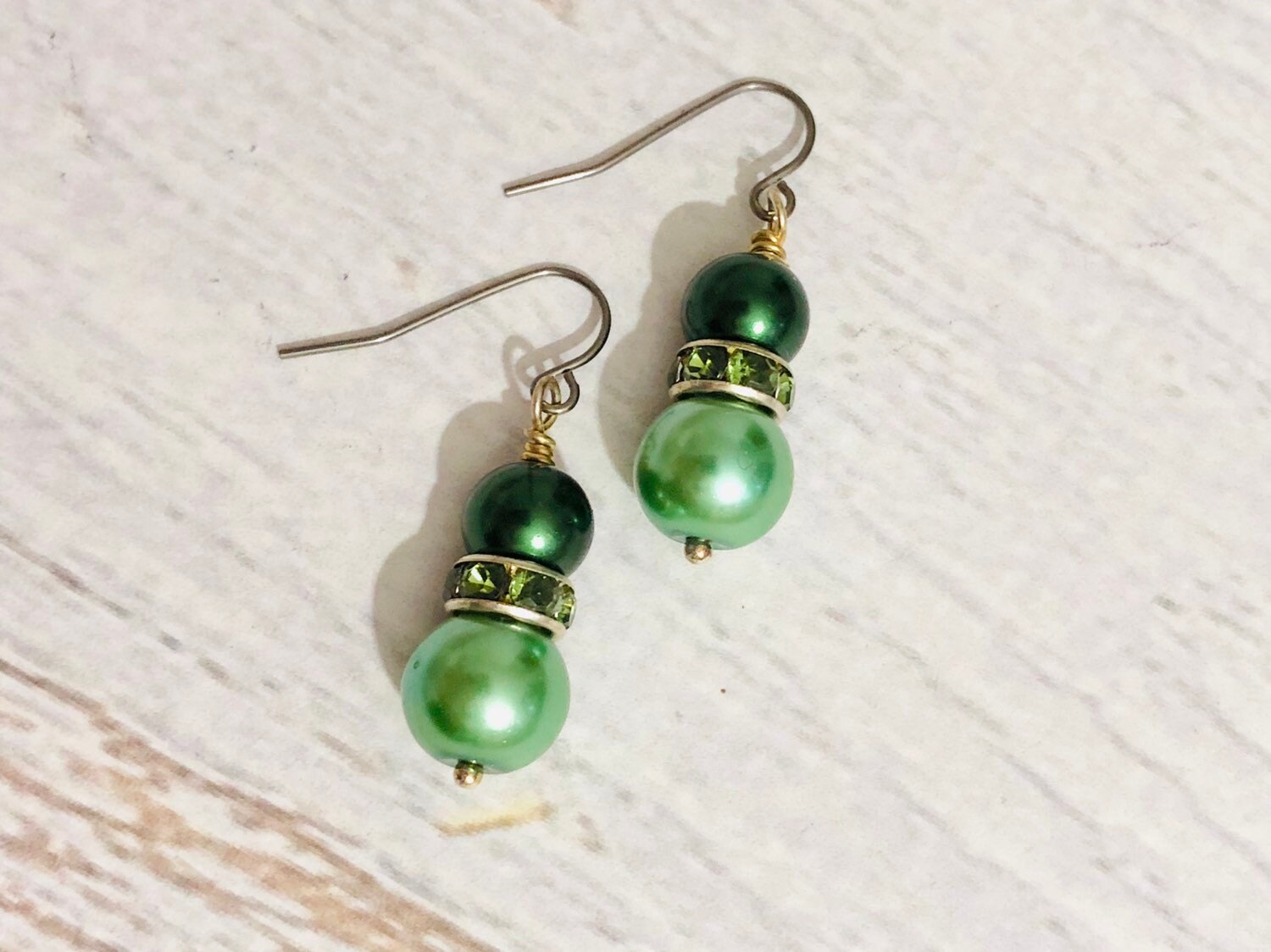 Green Pearl Earrings, Green Rhinestone Earrings, Green Pearl Drop