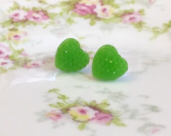 Green Sparkly Heart Studs, Sparkle Heart Studs, Kawaii Studs, Sugar Coated Candy Heart Studs, Little Heart Studs, Valentine's Day Stud (SE4)