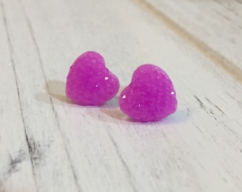 Purple Sparkly Heart Studs, Sparkle Heart Studs, Kawaii Studs, Sugar Coated Candy Heart Studs, Little Heart Studs, Valentine's Day (SE4)