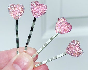 Sparkly Faux Druzy Pink Heart Bobby Pin Set for Valentine's Day