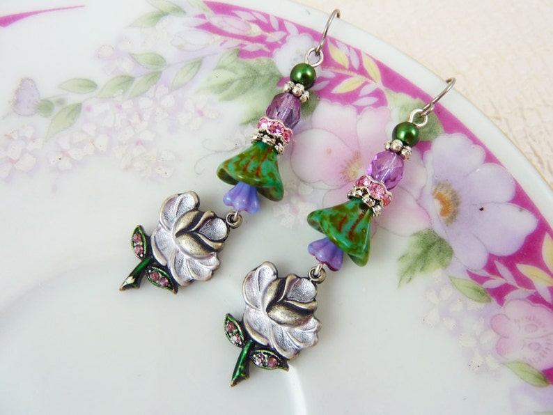 Purple Flower Earrings, Flower Dangle Earrings, Rhinestone Flower Earrings, Czech Glass, Vintage Style Earrings, Handmade By KreatedByKelly image 2