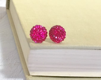 Little Bright Pink Sparkling Bumpy Druzy Round Circle Stud Earrings with Surgical Steel Posts (SE13)