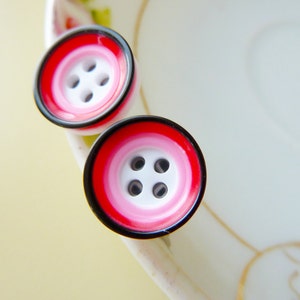 Super Cute Post Earrings, Mod Circles Stud Earrings, Sewing Button Earrings in Pink Red Black, Surgical Steel Hypoallergenic Earrings image 2