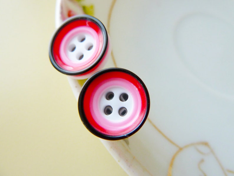 Super Cute Post Earrings, Mod Circles Stud Earrings, Sewing Button Earrings in Pink Red Black, Surgical Steel Hypoallergenic Earrings image 2
