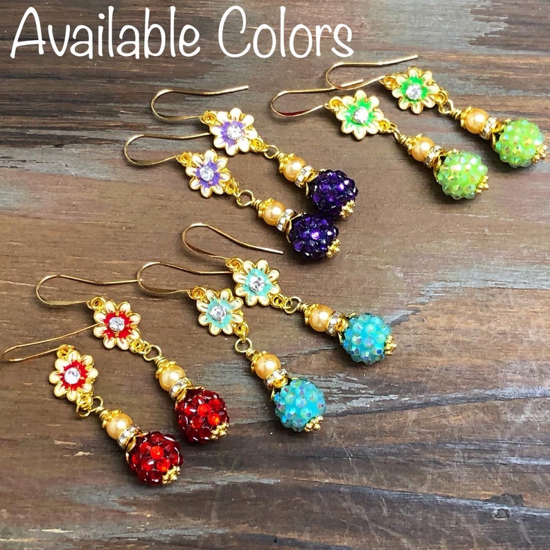 Enameled Metal Red Rhinestone Flower Earrings with Sparkly Ball Bead Rhinestone Gold Toned Findings and Pearl Dangle