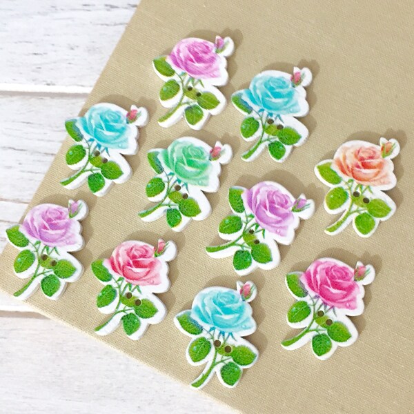 Printed Wood Rose Flower Buttons, Cottage Chic Scrapbook Embellishment, Pastels on White, 2 Hole Sewing Buttons, 30mm x 23mm, 10 pieces, RO3